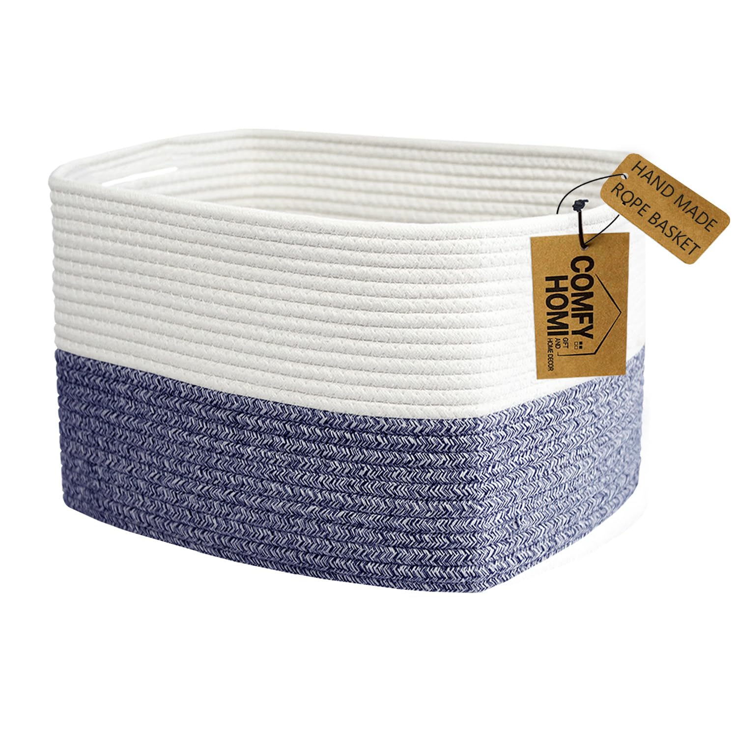 Comfy-Homi Medium Cotton Rope Basket With Handles For Shelves|Dog Toy Basket|Baby Basket|Gift Basket Empty For Organizing|New Generation 13.5' X 11' X 9.5' For Living Room(Navy Blue)
